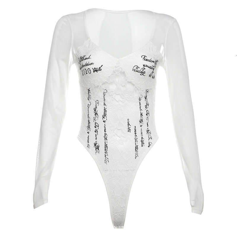 2024 Autumn New Women's Solid Color Slim Street Fashion V-Neck Long Sleeve Mesh Jumpsuit 98c
