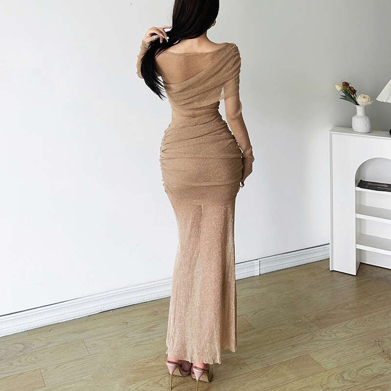 2024 Autumn New Women's Solid Color Slim High Waist Fashion Round Neck Long Sleeve Sheer Dress b88