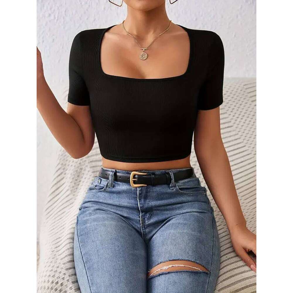 Square Solid Neck Crop T-Shirt, Y2K Sexy Short Sleeve T-Shirt For Women's Clothing Summer