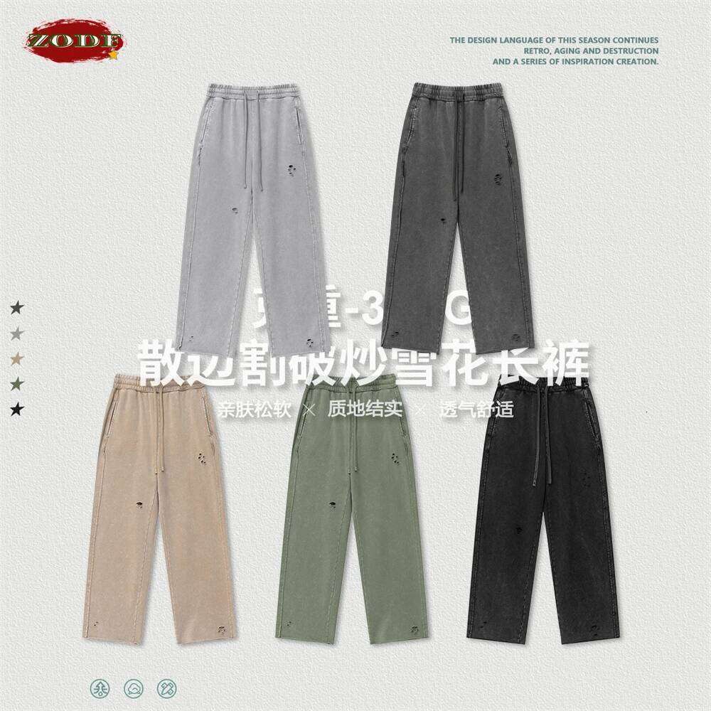 ZODF Vintage 2025 Spring Men Washed Cotton Pants Unisex High Street Cut Holes Oversized Straight Trousers Brand Clothes HY1022