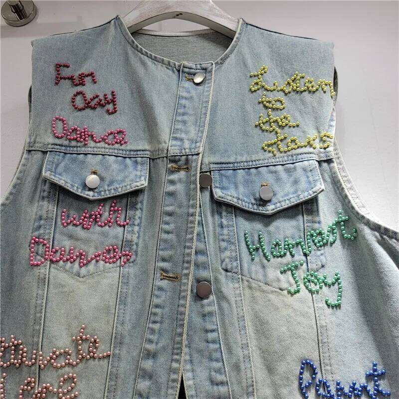 Women's Denim Waistcoat Colorful Letters Beaded Sleeveless O-Neck Single Breasted Vest 2025 Summer New Fashion 29A1497