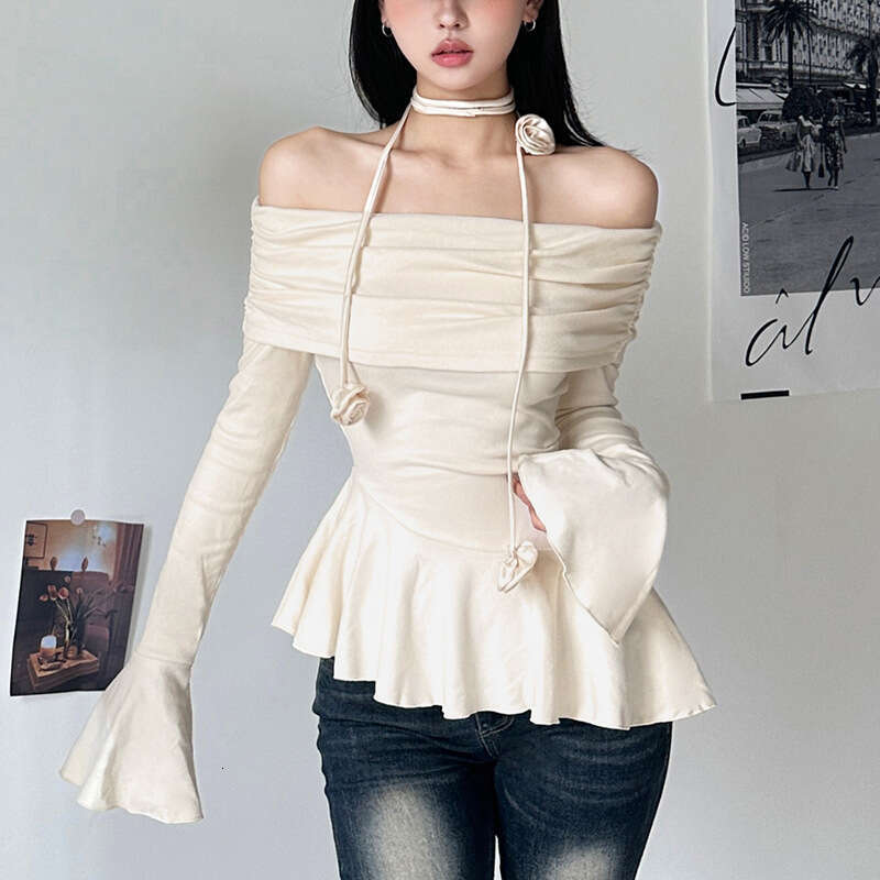 2023 Autumn Winter New Women's Street Fashion Solid Color Off-Shoulder Long Sleeve T-Shirt 710