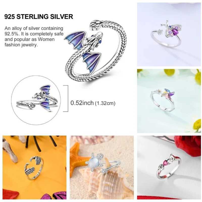 Womens Clover Ring Original 925 Silver Zircon Adjustable Skull Butterfly Flower Finger Open Ring Birthday Jewelry Gift W250417