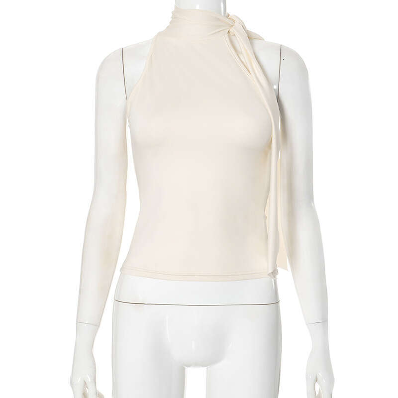 Dtp380 Women's Summer New Solid Color Sleeveless High Neck Tie Ribbon T-Shirt Top B5