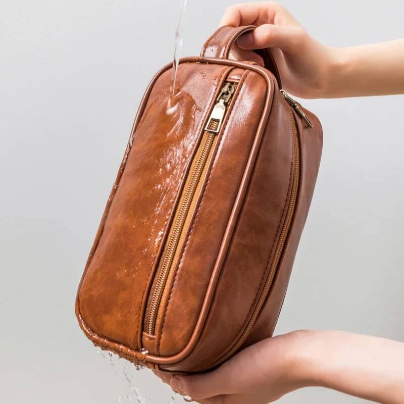 Men Vintage PU Leather Toiletry Travel Necessary Business Cosmetic Makeup Cases Male Hanging Double Layered Wash Bag