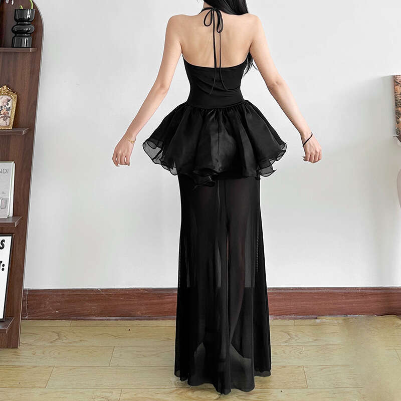 2025 Summer New Halter Neck Sleeveless Backless Slim Fit Extended Versatile Black Dress for Women 950