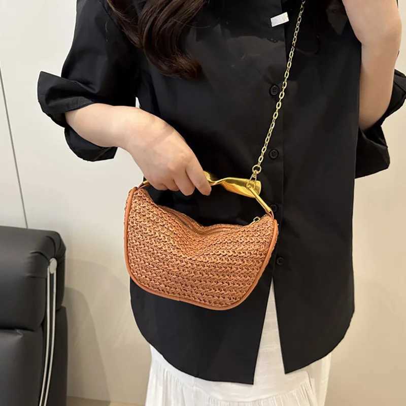 2025 Str Woven Bag Chain Gold Handle Str Cluh Purse Large Capacity Stylish Crossbody Bag Solid Color for Summer Beach Y250725