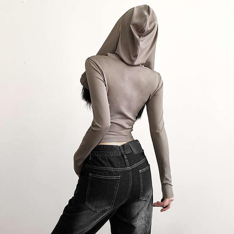 Women's Clothing 2023 Autumn and Winter New Solid Color Fashion Sexy Long Sleeve Hooded Crop Top T-Shirt 152
