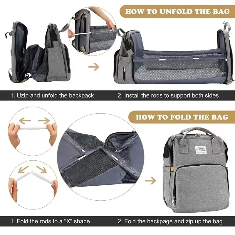 Foldable Bed Diaper Bag with Changing Station Insulated Pocket and Large Capacity Multifunctional Double Shoulder Mommy Bag w250724