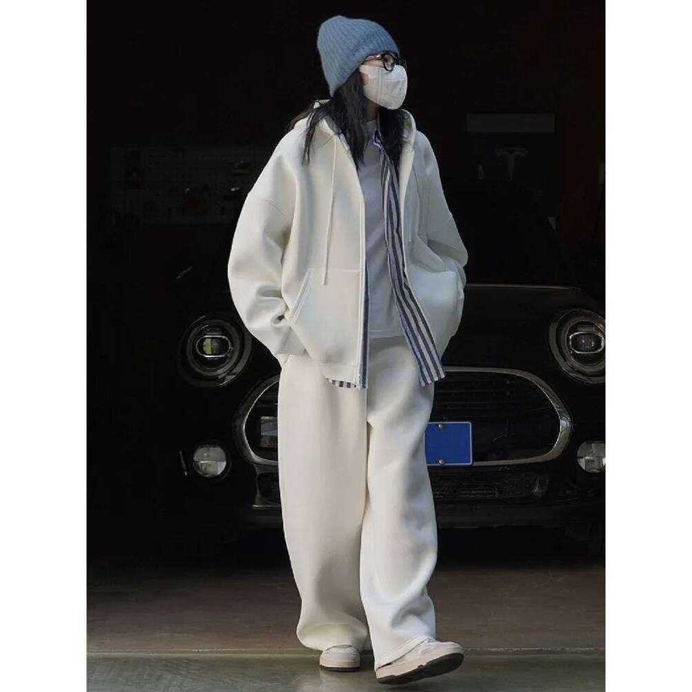 Spring Autumn Fashion Two-Piece Set Women Grey Tracksuit Hooded Sweatshirt Coat+Drawstring Wide Leg Sweatpants Sport Suits