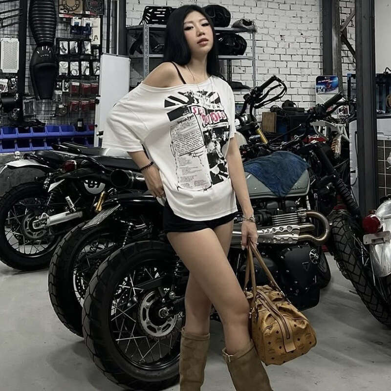 2025 Summer INS Style New Trendy Asymmetrical Shoulder Letter Print Loose Versatile T-Shirt Top 9ea
