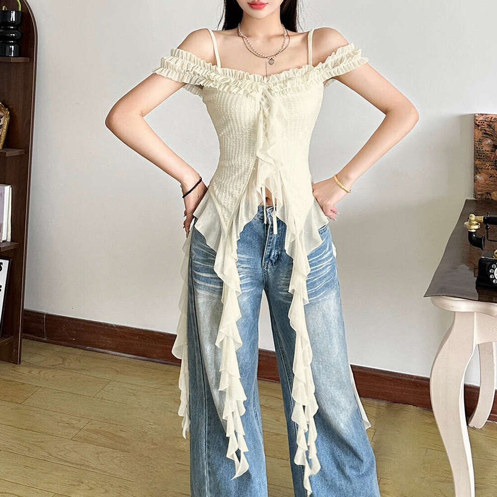 2025 Summer New Solid Color Street Fashion Irregular Ribbon Slim Fit Elegant Versatile Women's Top b63