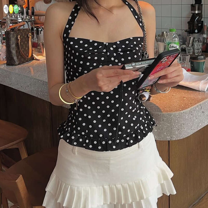 2025 Spring New Women's Solid Color Slim Fit Fashion Halter Neck Sleeveless Polka Dot Backless Vest for Women 014