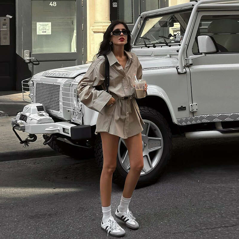 2024 Summer New Women's Solid Color Loose Street Fashion High Waist Turn-Down Collar Long Sleeve Dress f54