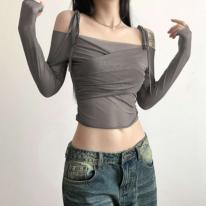 2023 Summer New Women's Solid Color Slim Fit Crop Top Street Fashion Off-Shoulder Long Sleeve T-Shirt b04