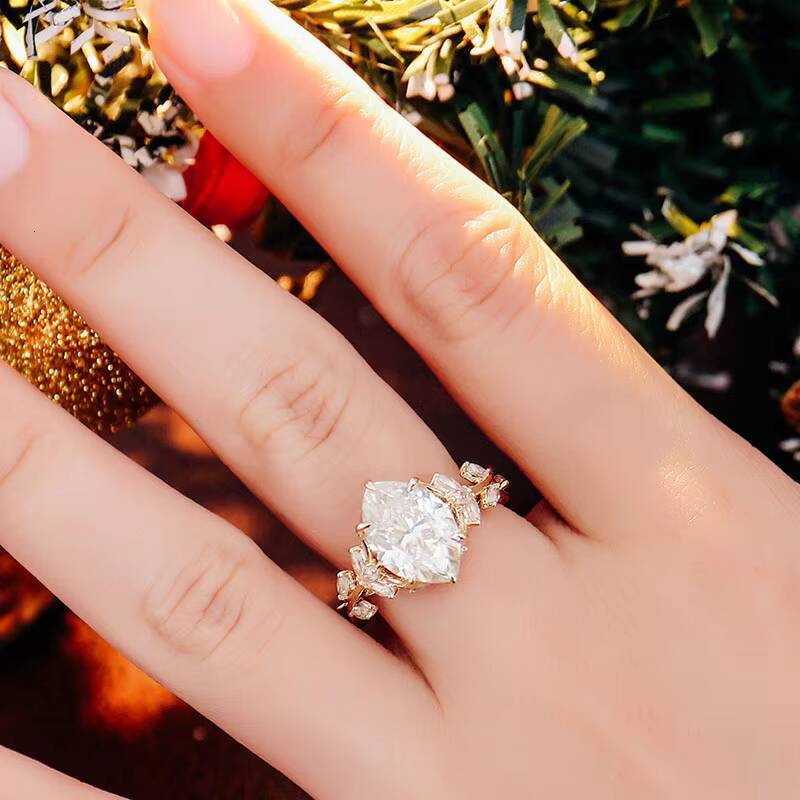 Moissanite Jewelry 10k Promise Ring With Fat Marquise Rose Cut Diamond Engagement Ring Leaves Band for Women