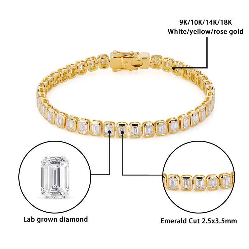 Emerald cut lab grown diamond tennis chain HPHT Diamond bezel setting bracelet lab diamond tennis chain
