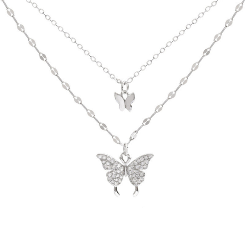 New Trendy Women's Double Layer Rhinestone Butterfly Necklace Collarbone Chain Niche Design Sense Elegant Simple Pendant Jewelry for Women