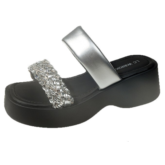 Ddmysports Thick Sole Rhinestone For Women Genuine Leather Outdoor Wear Open Toe Beach Sandals Korean Style Mid Heel Versatile One Word Slippers Outdo