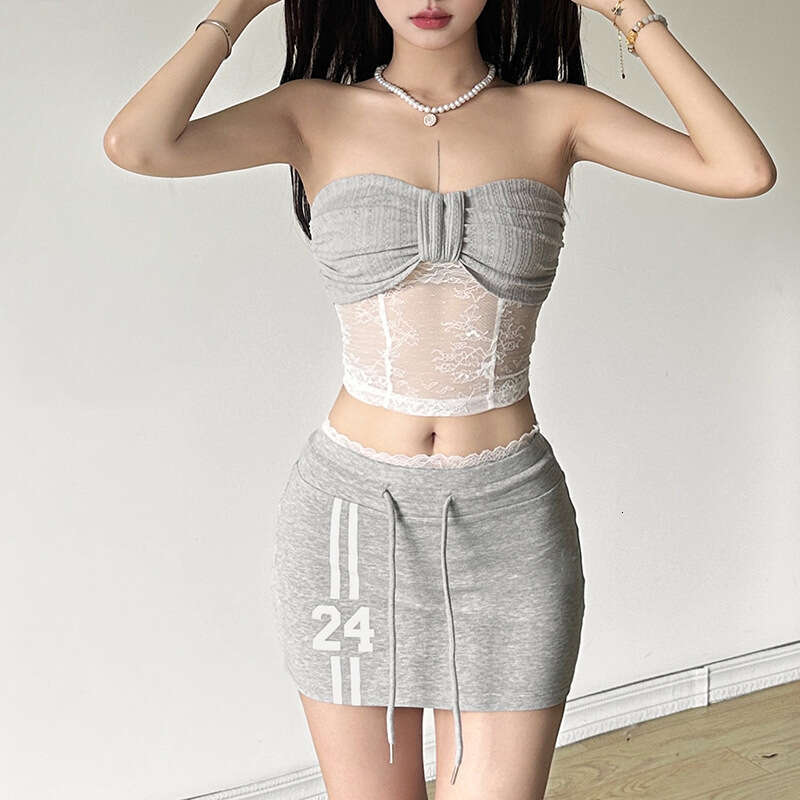2024 Summer New Women's Solid Color Slim Fit Tube Top Vest Fashion High Waist Skirt Set c7a