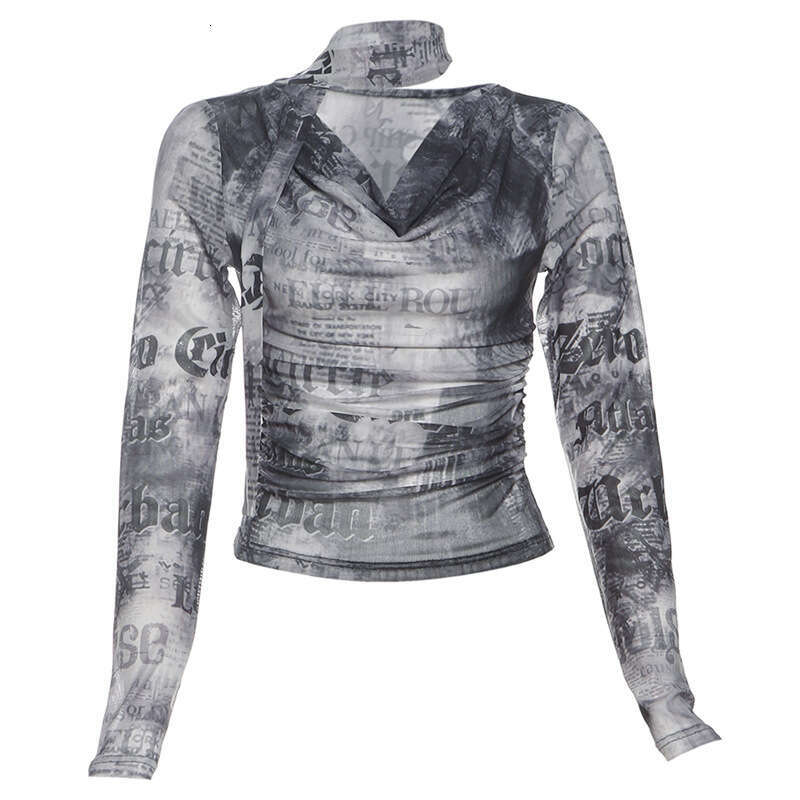 Women's Clothing 2024 Autumn Winter New Street Fashion Printed Long Sleeve V-Neck Slim Fit T-Shirt for Women 44d
