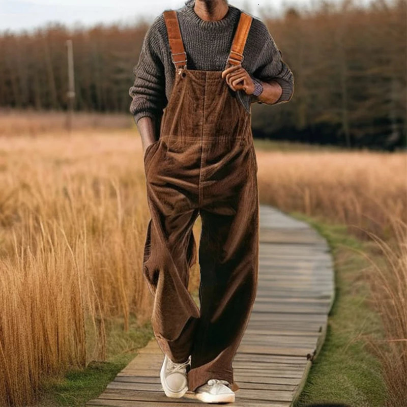 Stylish Mens Straight Pants Romper Overalls Vintage Pure Color Loose Corduroy Jumpsuits Men Summer Fashion Sleeveless Bodysuits 250725
