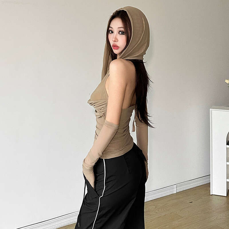 2024 Summer New Women's Solid Color Slim Street Fashion Hooded Sleeveless Backless Top 2f0