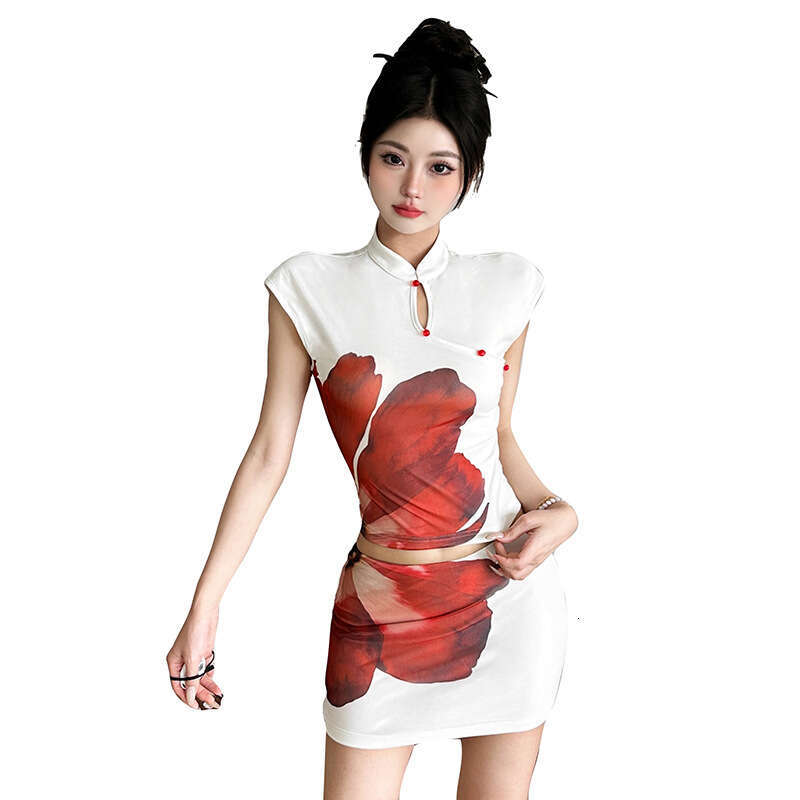 2025 Summer New Slim Fit Versatile Short Top and Bodycon Printed Skirt Set for Women fe7