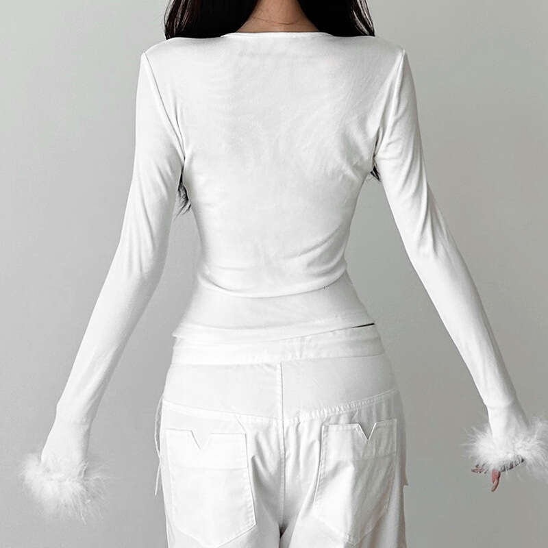 2024 Autumn New Women's Solid Color Slim Fit Crop Street Fashion V-Neck Long Sleeve Top 880