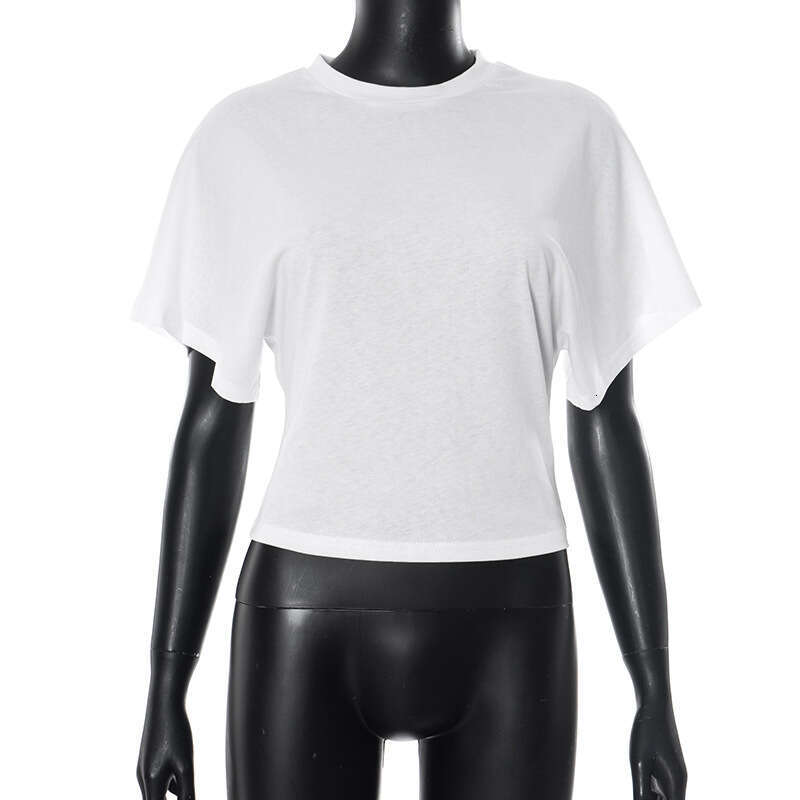 Y25tp031 Women's Spring Summer New Solid Color Cotton Round Neck Pullover Five-Sleeve Loose Waist-Cinching Short Top B5