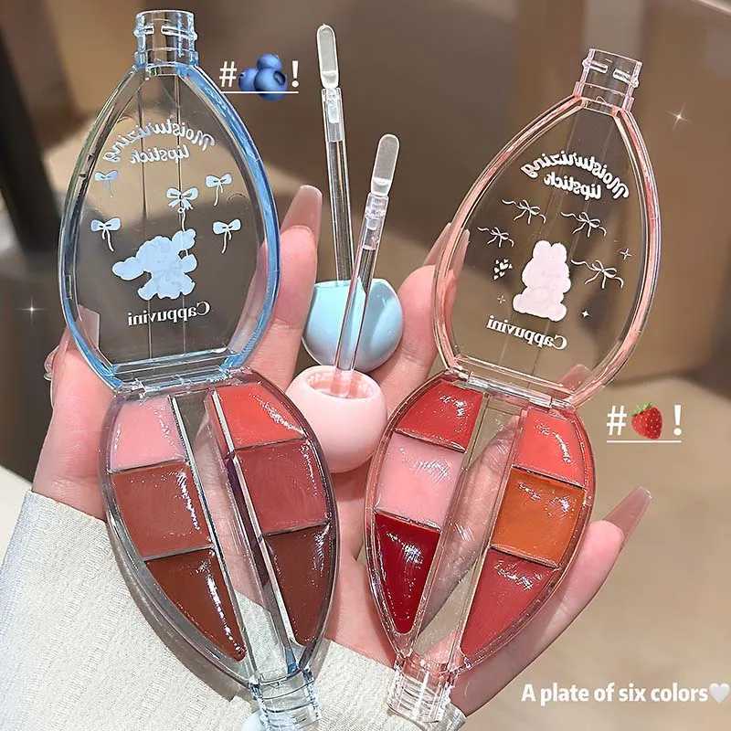 Strawberry Mirror Lip Jelly PlateSix-color Juicy Pink Plum Solid Lip Gloss Set Silicone Brush Head Moisturizing Lip Oil TintXJ250724