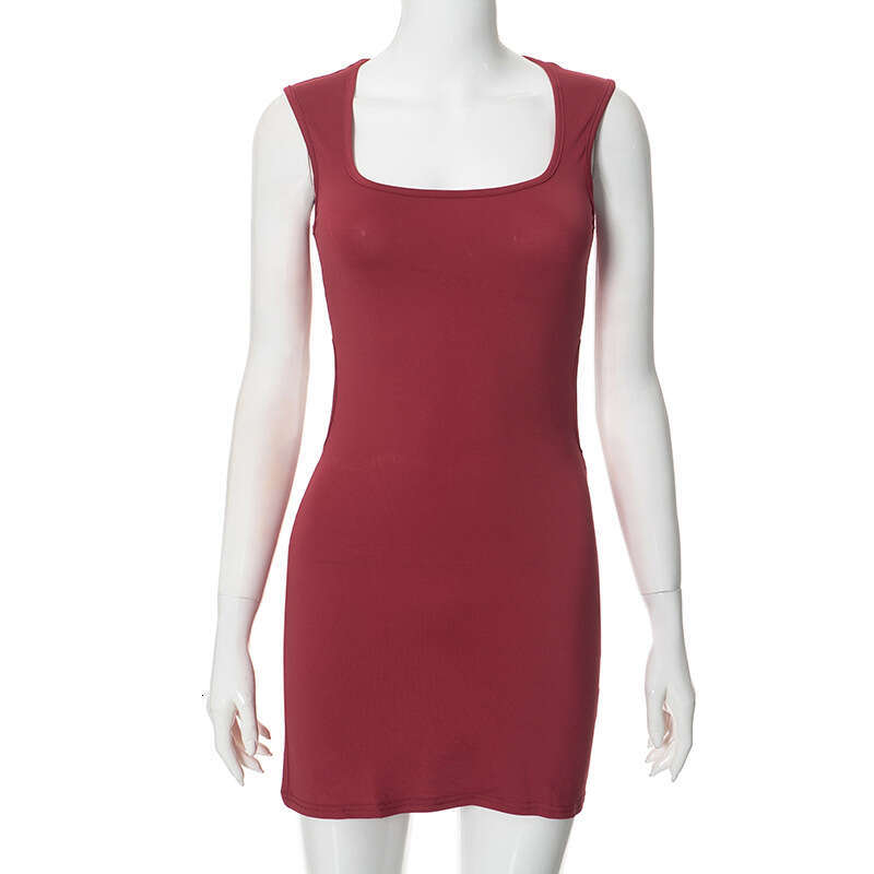 Q24ds026 Women's Summer New Solid Color Wide Strap Square Neck Hollow Out Back Slim Fit Dress B5