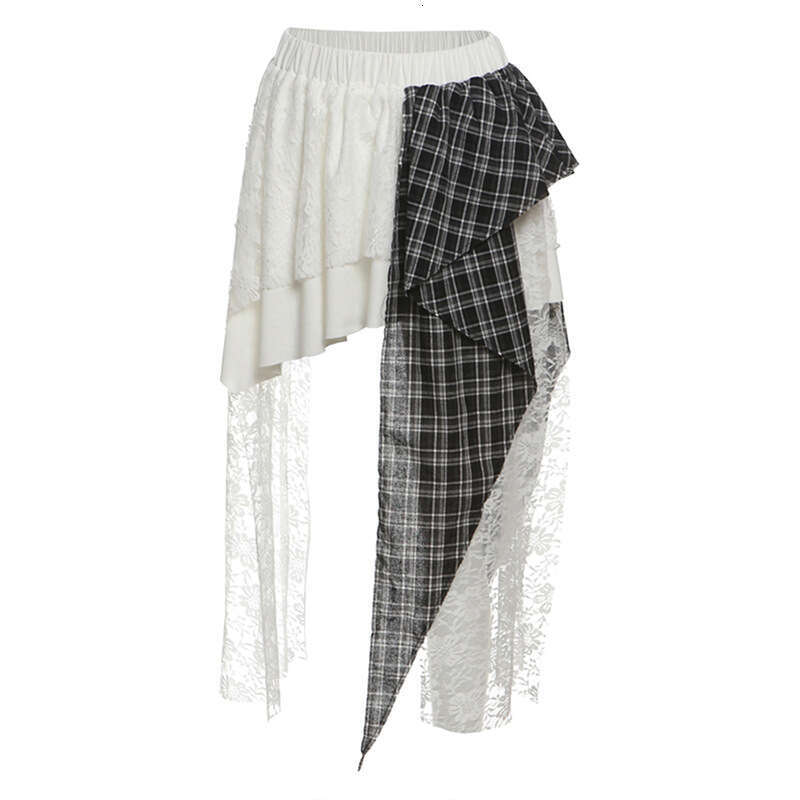 2025 Summer New Irregular Solid Color Patchwork Plaid Lace Slim Fit Trendy Versatile Midi Skirt 4f6