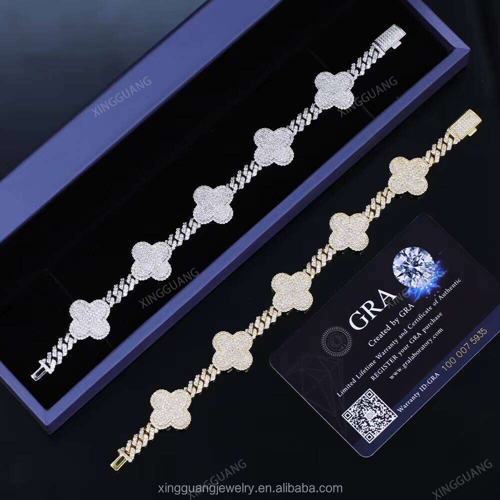 Hip Hop Jewelry Gold Plated Sterling Sier VVS Moissanite Clover Bracelet with GRA Certificate