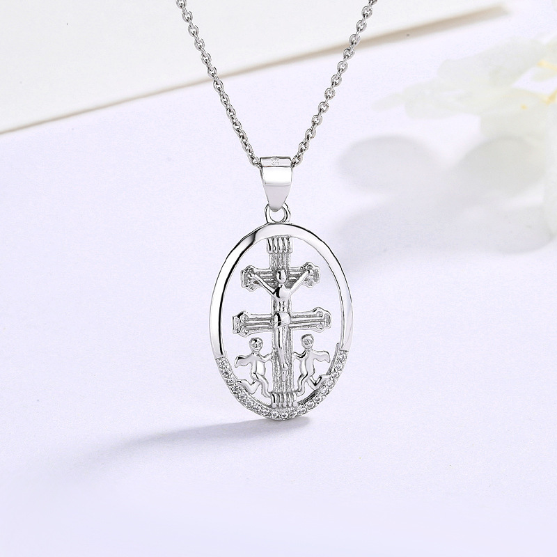 Wind Jewelry Pure Sier Oval Jesus Cross Pendant Fashion Simple Inlaid Dia Necklace Women's Accessories Jewelry for Women