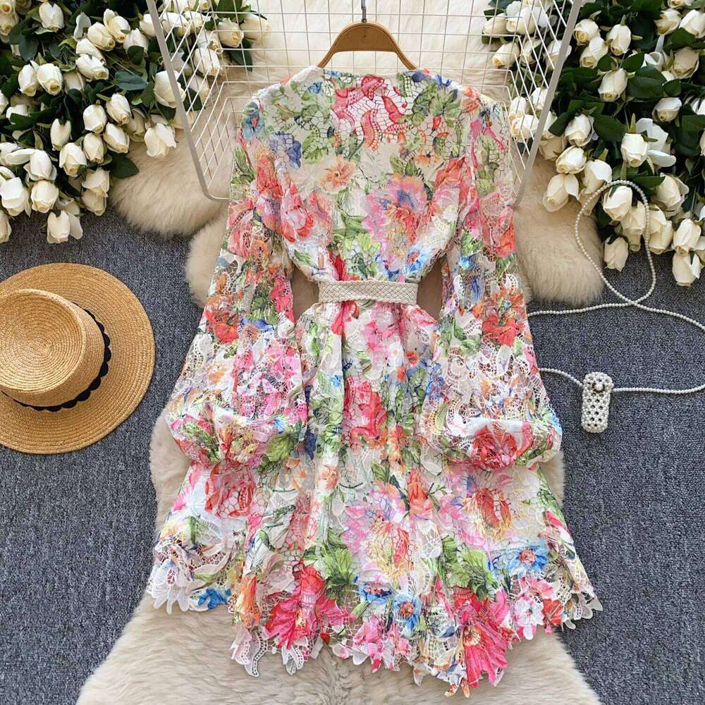 Elegant Hollow Out Short Evening Dresses Women Summer Autumn Holiday Long Lantern Sleeve Fancy Flower Party Dress Shirt