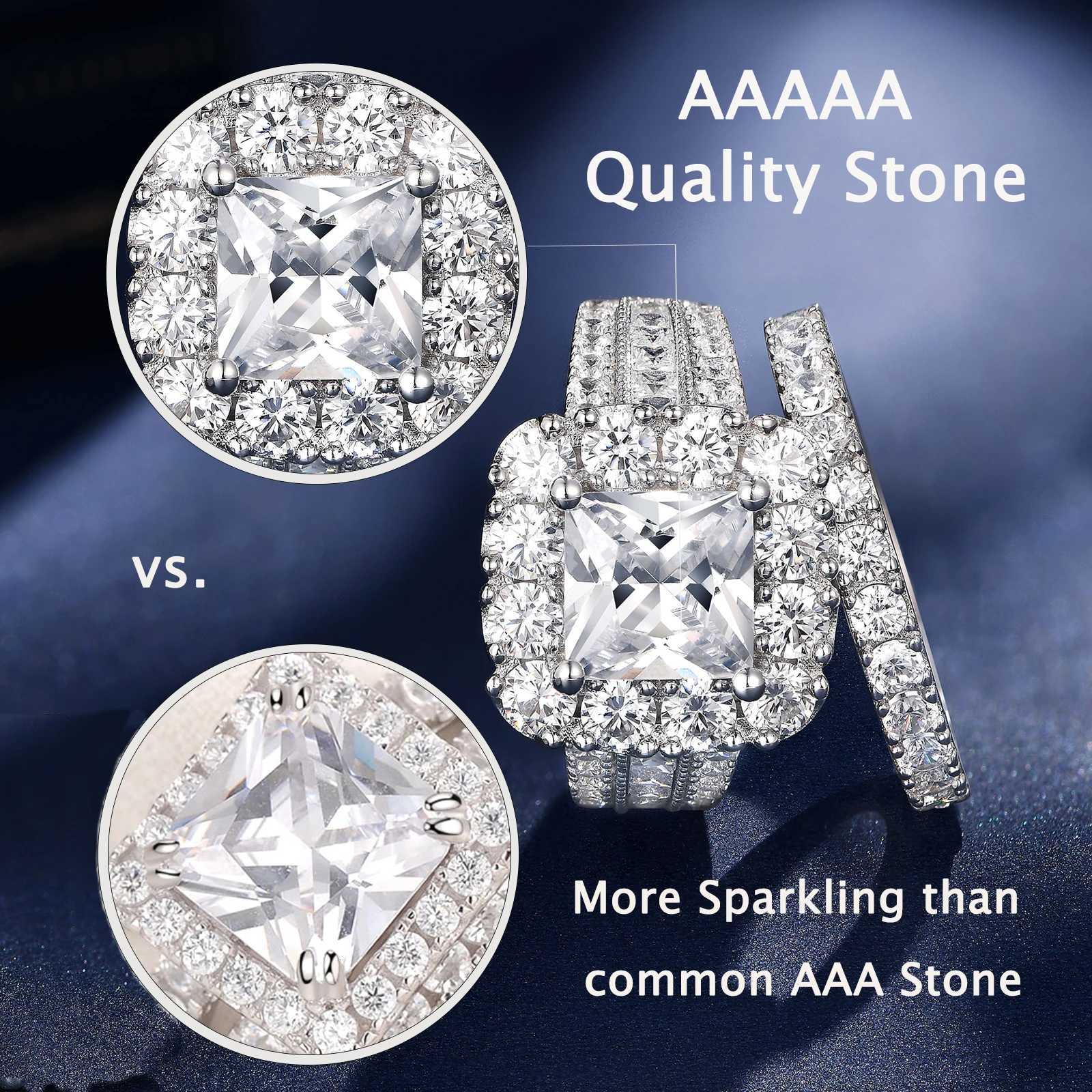 News 2PCS 925 Silver Wedding Ring Set Womens Halo Princess Cut White Cube Zircon Retro Luxury Jewelry Engagement Ring W250417