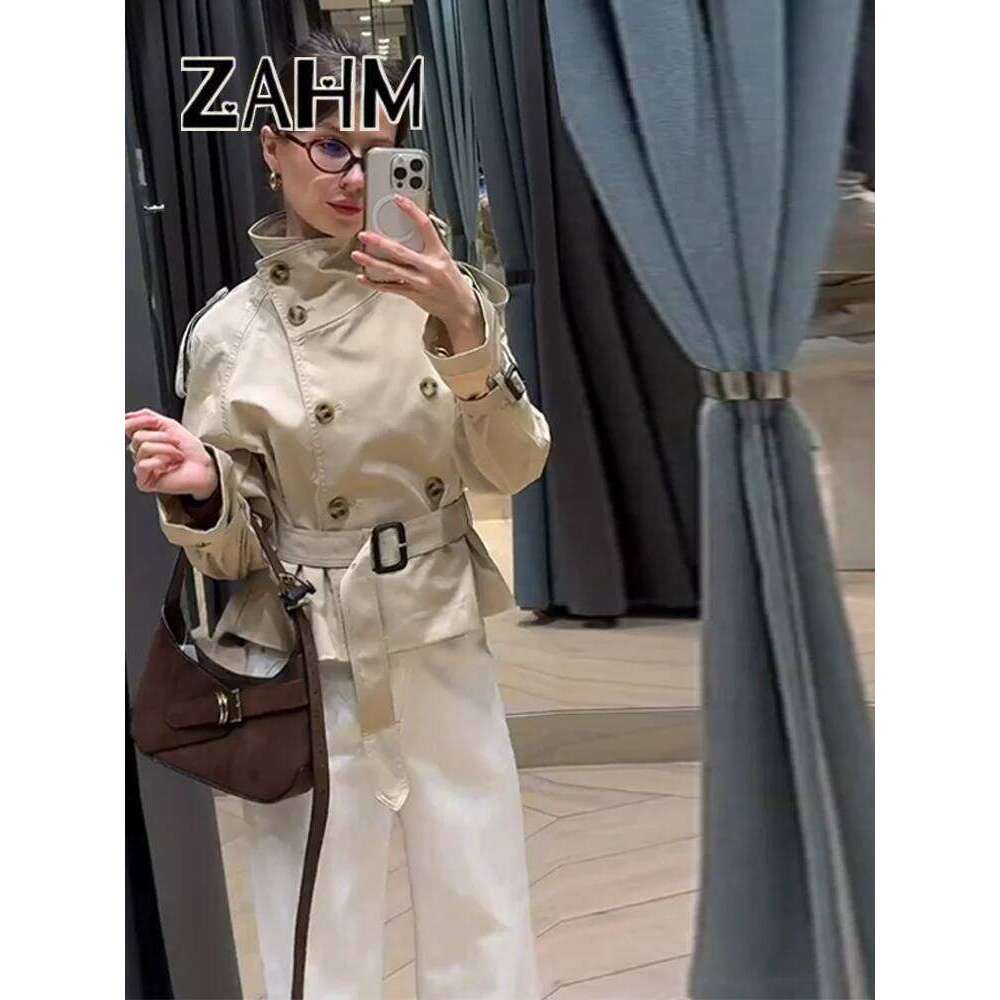 Fashion Women's Short Belt Jackets Long Sleeve Stand Collar Double Breasted Female Coat 2025 Autumn Lady Solid Outwear