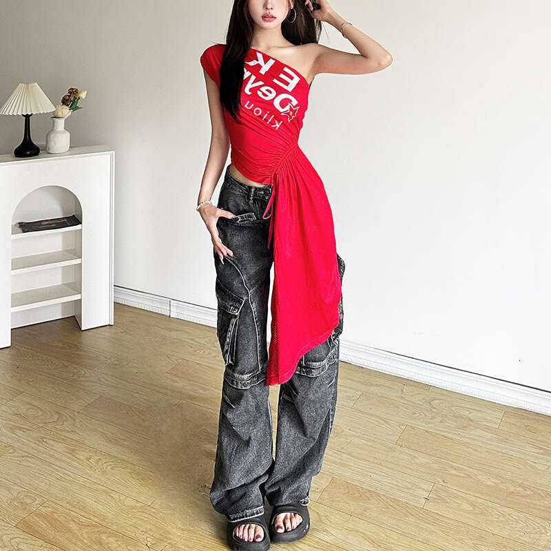 2024 Summer New Women's Solid Color Slim Street Fashion Asymmetrical Neck Single Shoulder Sleeveless Top b22