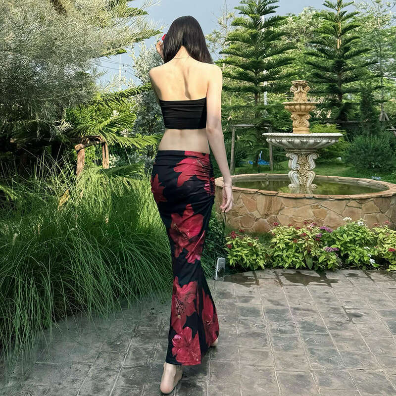 2025 Summer New Style Hot Girl Slim Fit Elegant Versatile Tube Top High Waist Printed Skirt for Women 79a