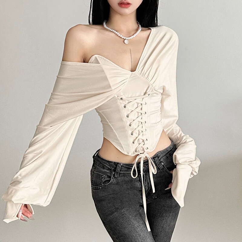 2024 Autumn Winter New Women's Solid Color Slim Street Fashion Off-Shoulder Backless Long Sleeve Top bc4