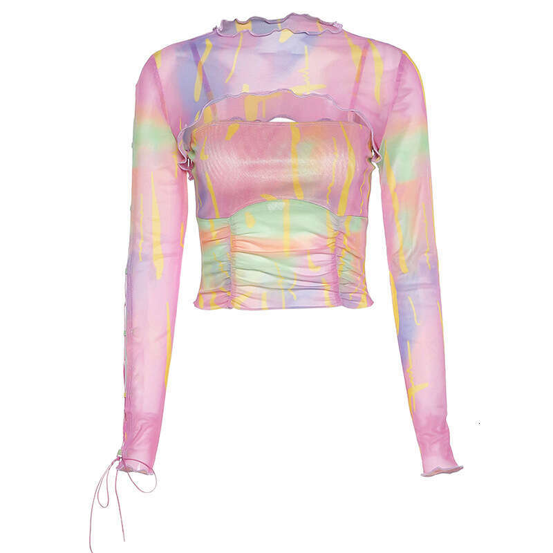 2020 Summer New Women's Colorful Pattern Strap Off-Shoulder Long Sleeve Cover-Up Two-Piece Set e59