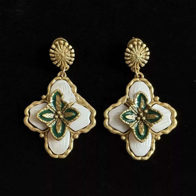 Vintage Pendant Designer Jewelry Green Flower Earrings