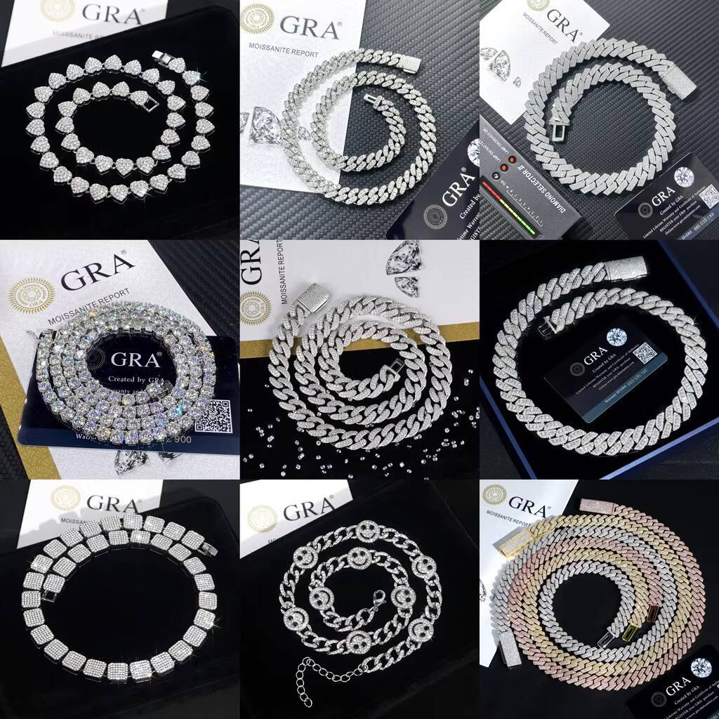 2025 RTS 925 Sterling Silver Moissanite Diamond Necklace with 8mm-12mm GRA Ice Out Cubans 10mm Link Chain and Rapper Bracelet