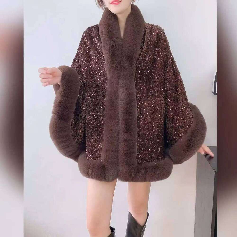 Designer Clothing 2025 12 Colors Women Long Faux Rabbit Fur Sequin Fabric Cape Winter Poncho Warm Thick Loose Shawl Outer Wear Wedding Party Wraps