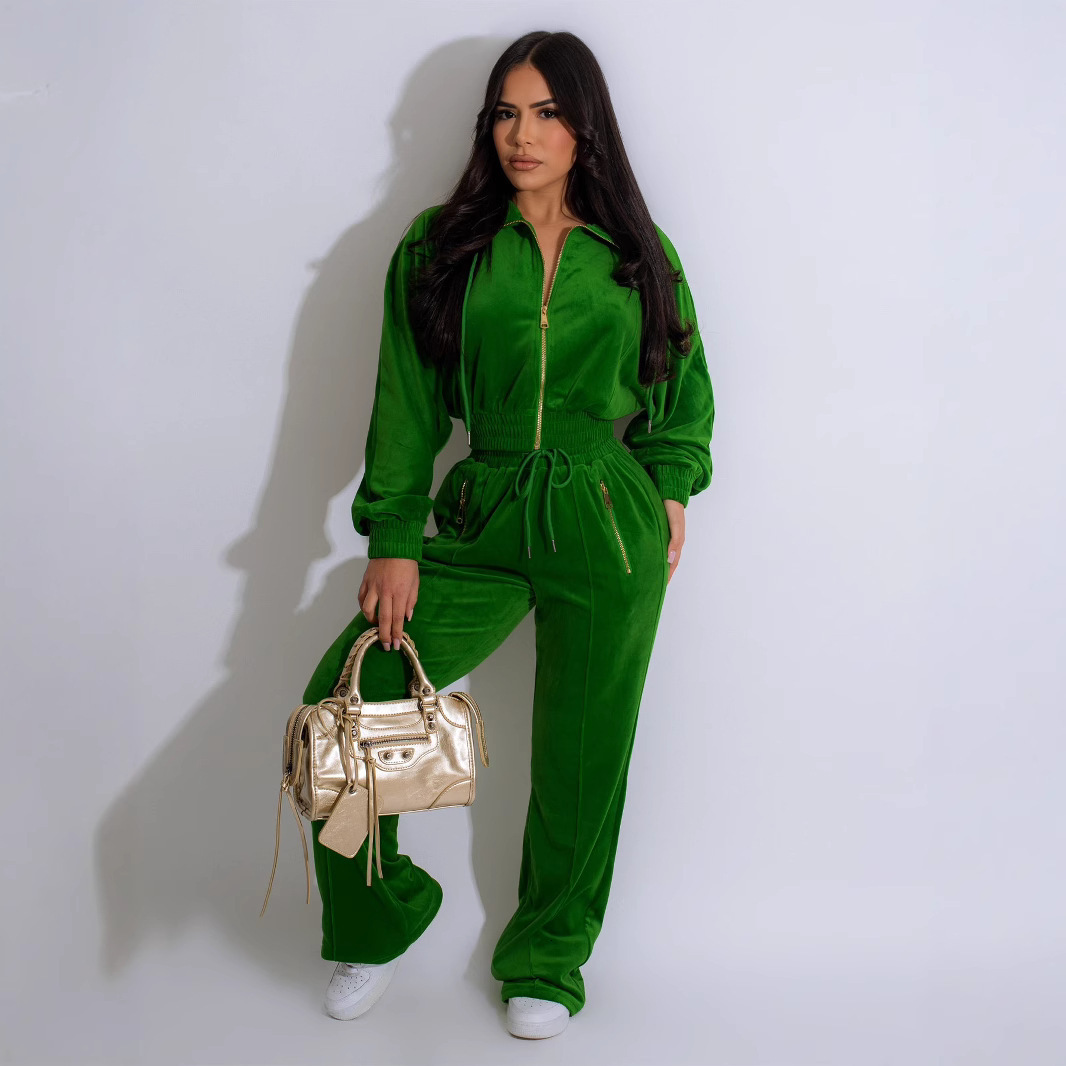 TW575 Fashion Womens Long Sleeve Turn-Down Collar Zipper Cardigan Long Pants Winter Two-Piece Set 2