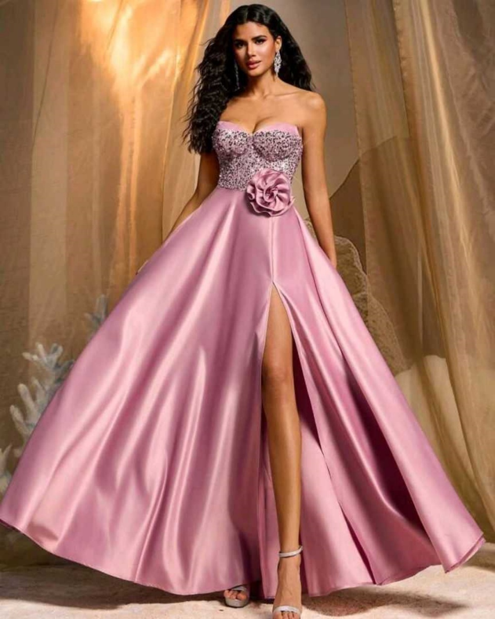 Luxury Satin Evening Dress Strapless Sleeveless Delicate Flowers Crystal Prom Dresses Special Occasion Gowns Customized