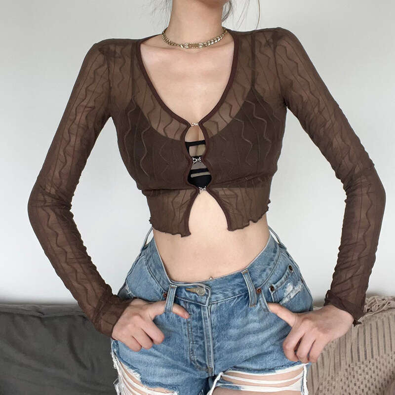 2022 Autumn New Women's Solid Color Sexy Mesh Cardigan Long Sleeve Crop Top T-Shirt for Women a11