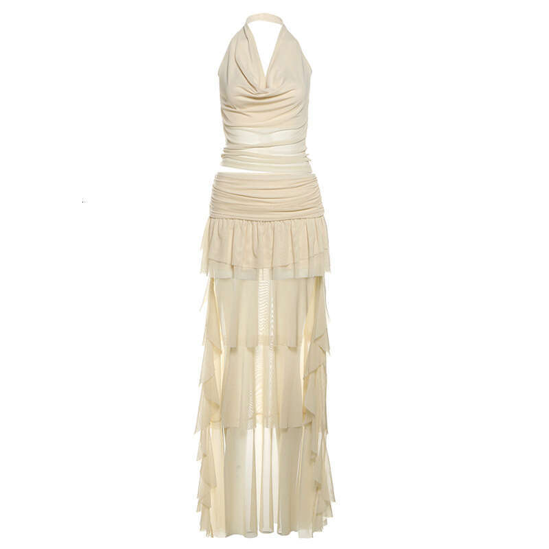 2025 Spring New Women's Solid Color Slim Fit Halter Neck Vest Fashion Low Waist Skirt Set 49c