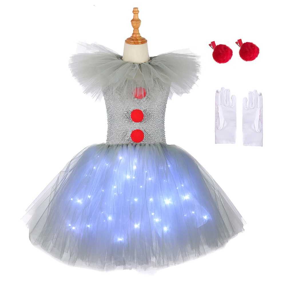 Gray Joker Girls Halloween LED Light Up Costume Tutu Dress Creepy Clown Kids Tulle Dress Carnival Par Cosplay Clothing 2-12Y Z250725